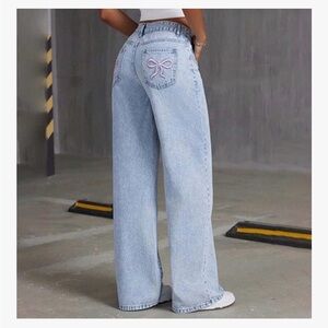 NWT Vanilla Star Baggy Jean Sky Blue Straight Flare Jeans Sz 29 , 9, M bow 90’s